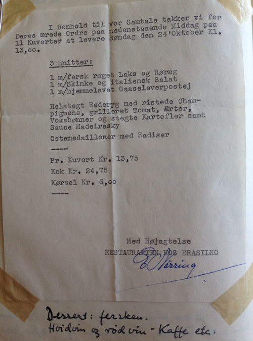 Regning fra fest ved d&aring;b i 1948