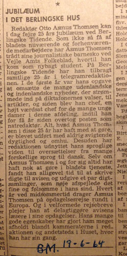Asmus 25-&aring;rs jubil&aelig;um, omtale i Berlingske Tidende, 1964