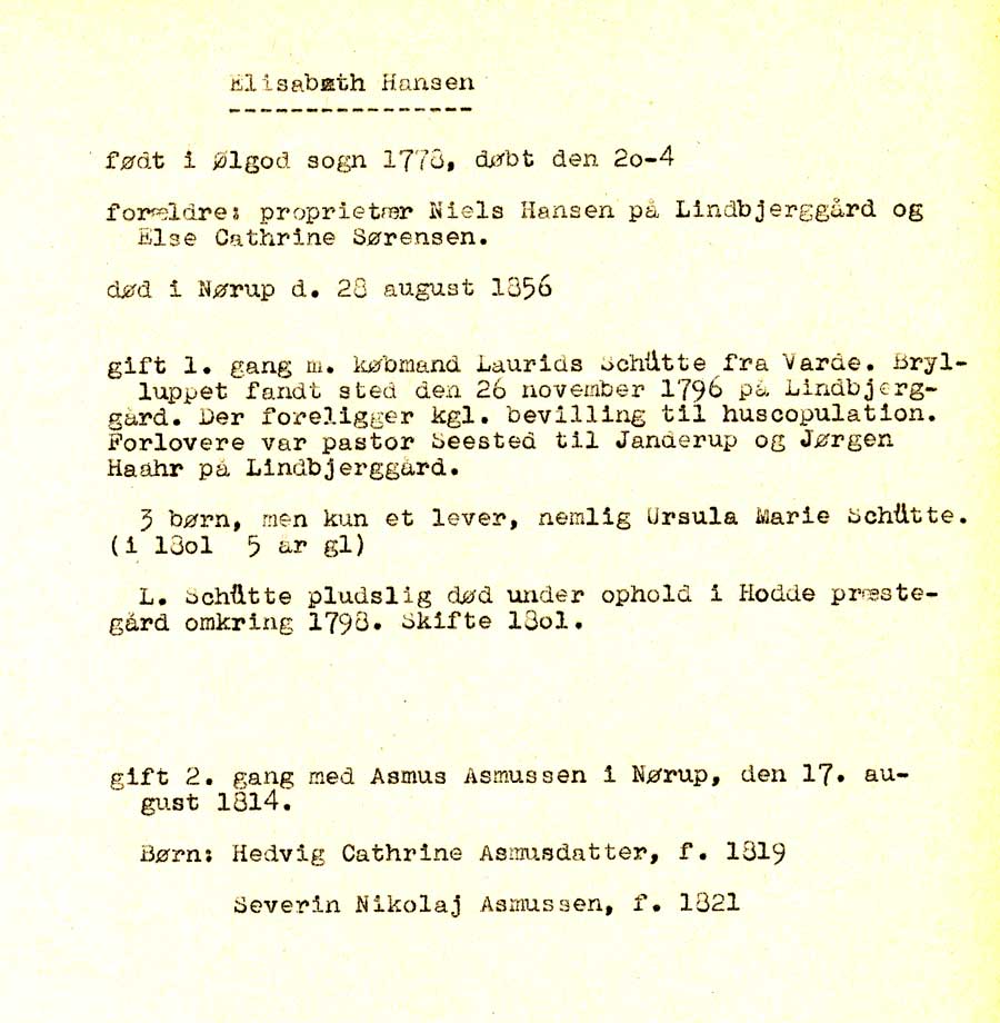 Dokument om Elisabeth Hansen, Sch�tte, Asmussen